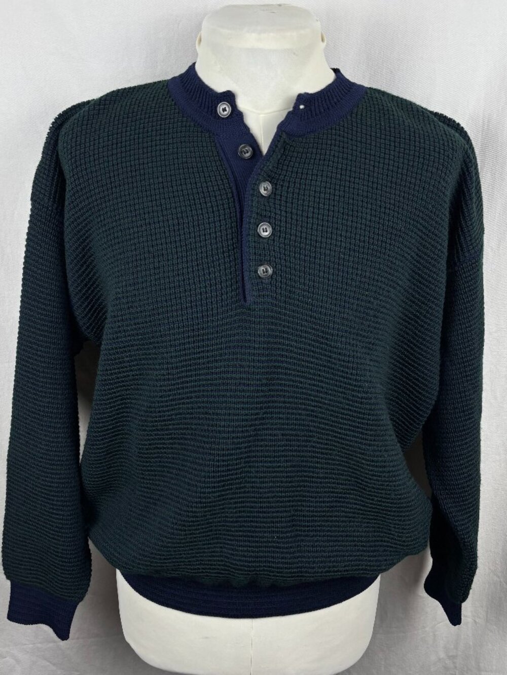 Vintage Aquascutum Pure Virgin Wool Waffle Henley Sweater L Green Navy